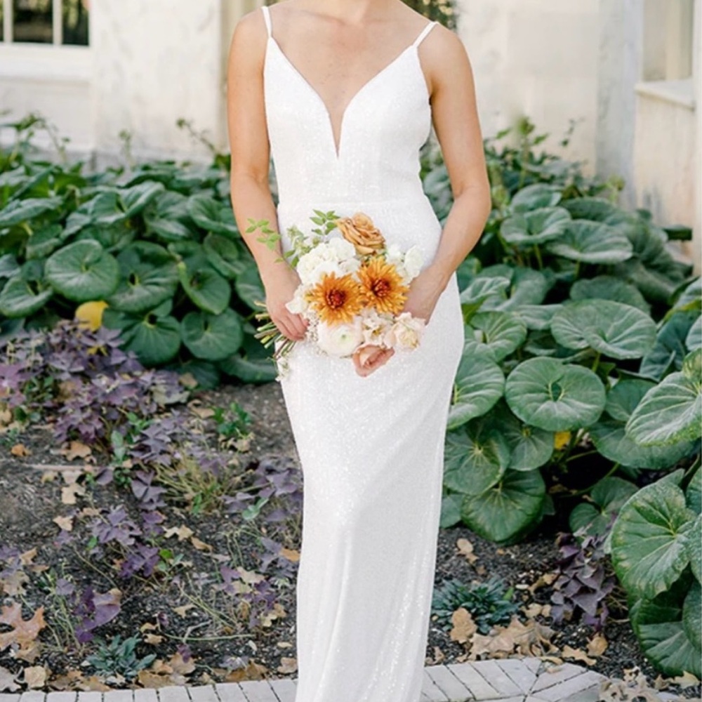 White sequined Revelry Camilla gown